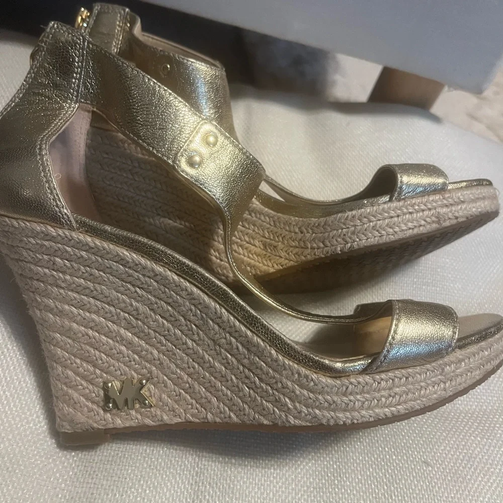 Michael Kors Gold Leather Stiletto Wedge Sandals with Zipper - Picture 3 of 7